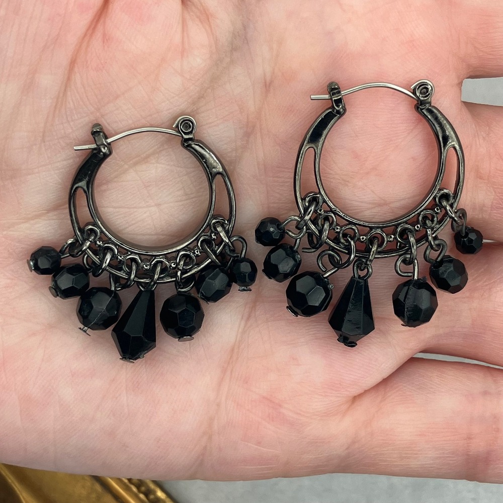Gunmetal Black Dangle Faceted Beaded Hoop Earrings Gothic Glam Dark Romantic